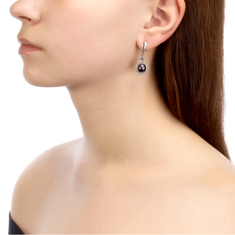 Серьги из серебра 925 пробы с черным жемчугом 8,5-9 мм. Артикул 9202