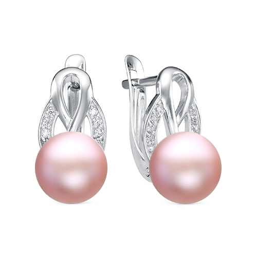 Серьги из серебра 925 пробы с розовыми жемчужинами 8,5-9 мм. Артикул 11272