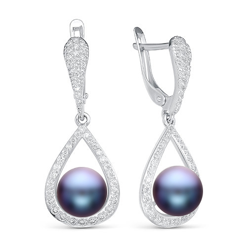 Серьги из серебра 925 пробы с черными жемчужинами 8,5-9 мм. Артикул 11340