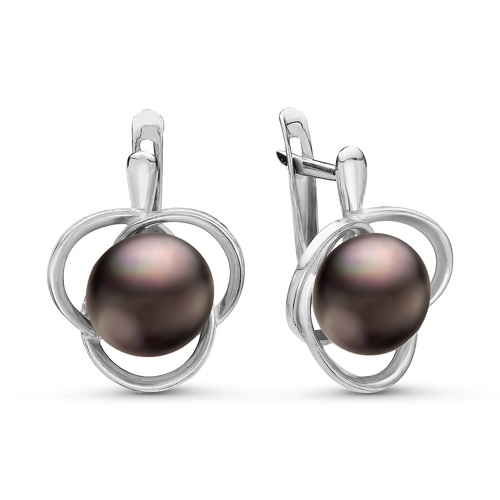 Серьги из серебра 925 пробы с черными жемчужинами 8,5-9 мм. Артикул 10771