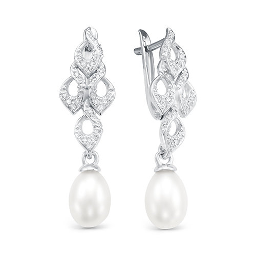 Серьги из серебра 925 пробы с белым каплевидным жемчугом 7,5-8 мм. Артикул 12390