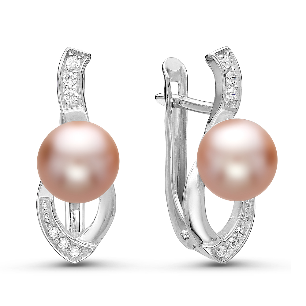 Серьги из серебра 925 пробы с розовыми жемчужинами 6,5-7 мм. Артикул 10928