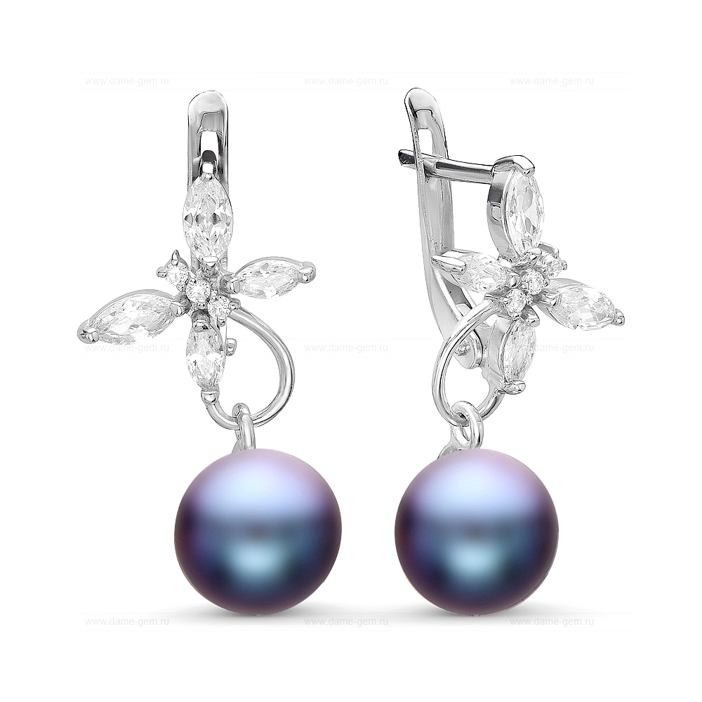 Серьги из серебра 925 пробы с черными жемчужинами 7,5-8 мм. Артикул 10801