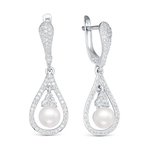 Серьги из серебра 925 пробы с белыми жемчужинами 7 мм. Артикул 10203