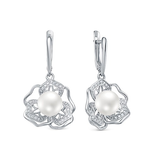 Серьги из серебра 925 пробы с белыми жемчужинами 9,5-10 мм. Артикул 11546