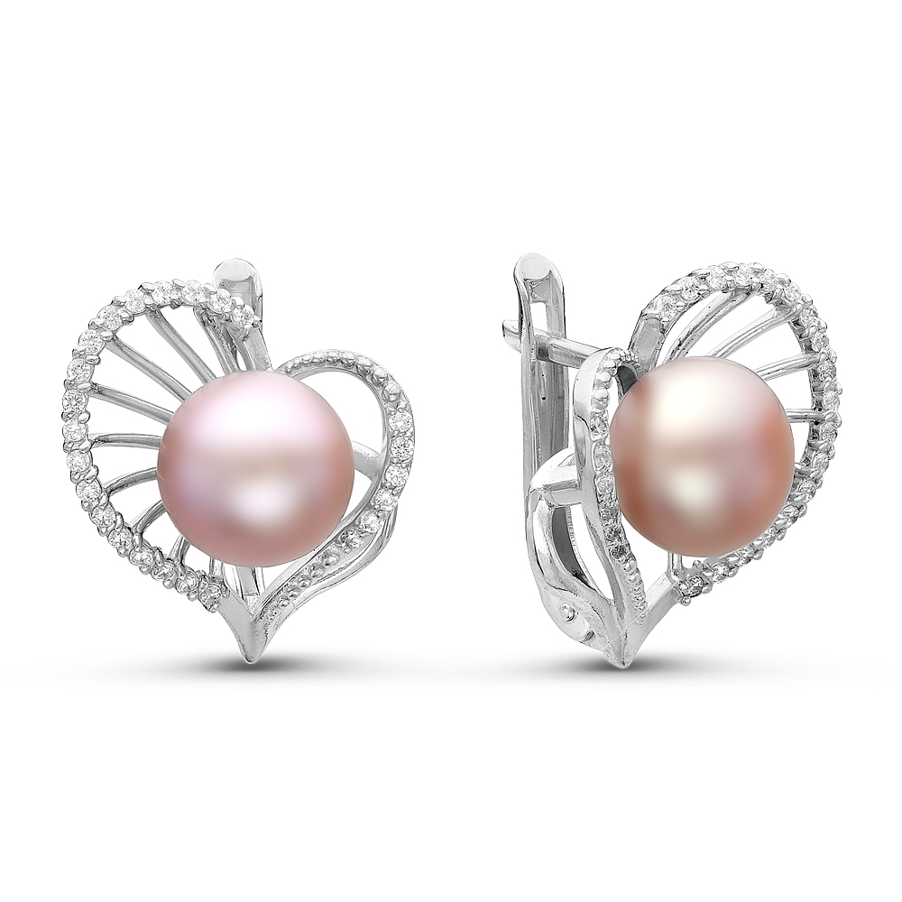 Серьги из серебра 925 пробы с розовыми жемчужинами 7,5-8 мм. Артикул 10769