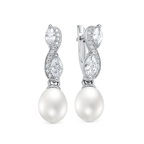 Серьги из серебра 925 пробы с белыми жемчужинами 7,5-8 мм. Артикул 12414