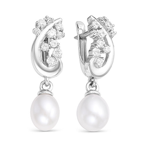 Серьги из серебра 925 пробы с белыми жемчужинами 7,5-8 мм. Артикул 12413