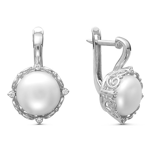 Серьги из серебра 925 пробы с белыми жемчужинами 9,5-10 мм. Артикул 11972