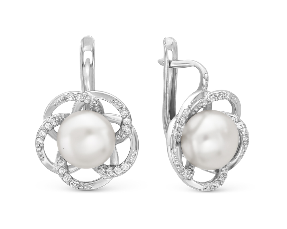 Серьги из серебра 925 пробы с белыми жемчужинами 8 мм. Артикул 11467