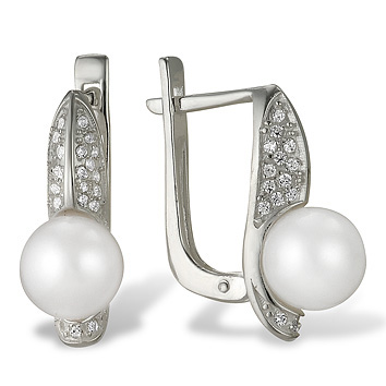 Серьги из серебра 585 пробы с белыми жемчужинами 8-8,5 мм. Артикул 11200