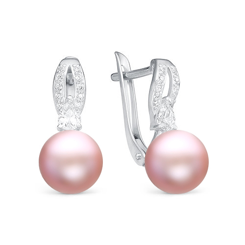 Серьги из серебра 925 пробы с розовыми жемчужинами 8,5-9 мм. Артикул 10437