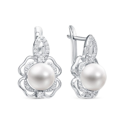 Серьги из серебра 925 пробы с белыми жемчужинами 8-8,5 мм. Артикул 12394