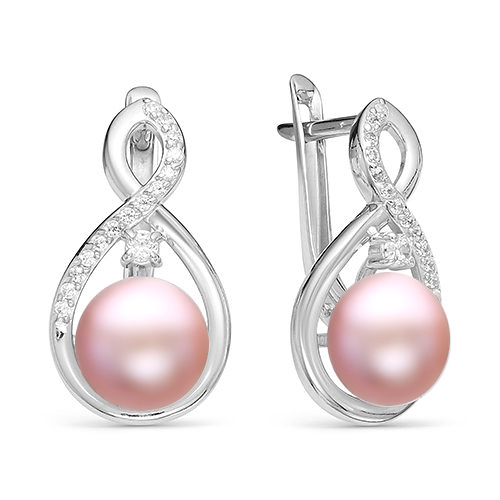 Серьги из серебра 925 пробы с розовыми жемчужинами 8,5-9 мм. Артикул 11544