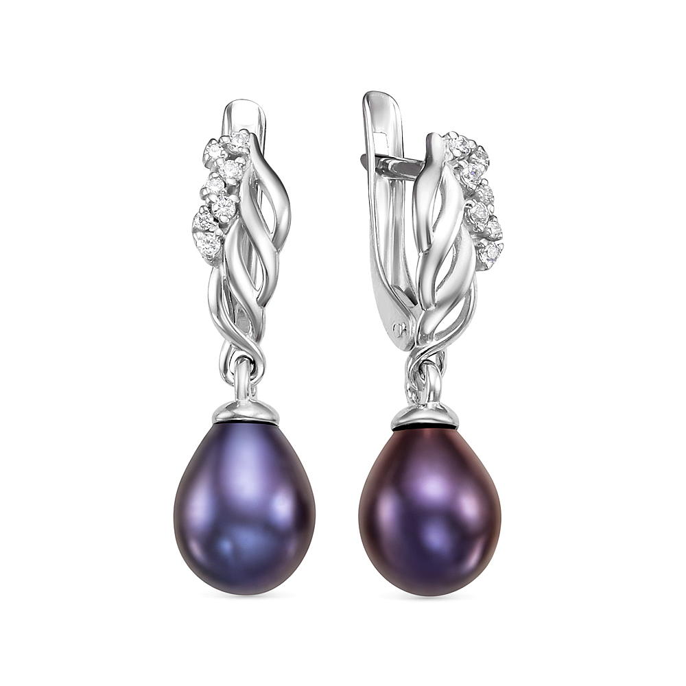 Серьги из серебра 925 пробы с черными жемчужинами "капля" 7,5-8 мм. Артикул 12472