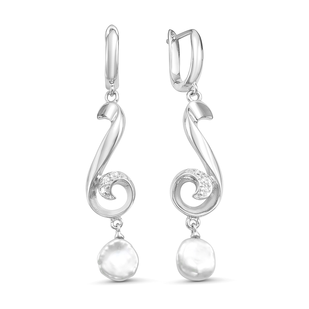Серьги из серебра 925 пробы с белыми барочными жемчужинами 8 мм. Артикул 9609