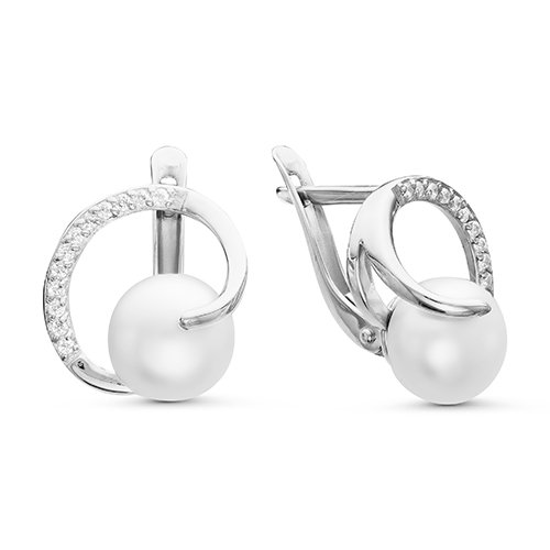 Серьги из серебра 925 пробы с белыми жемчужинами 8,5-9 мм. Артикул 10420