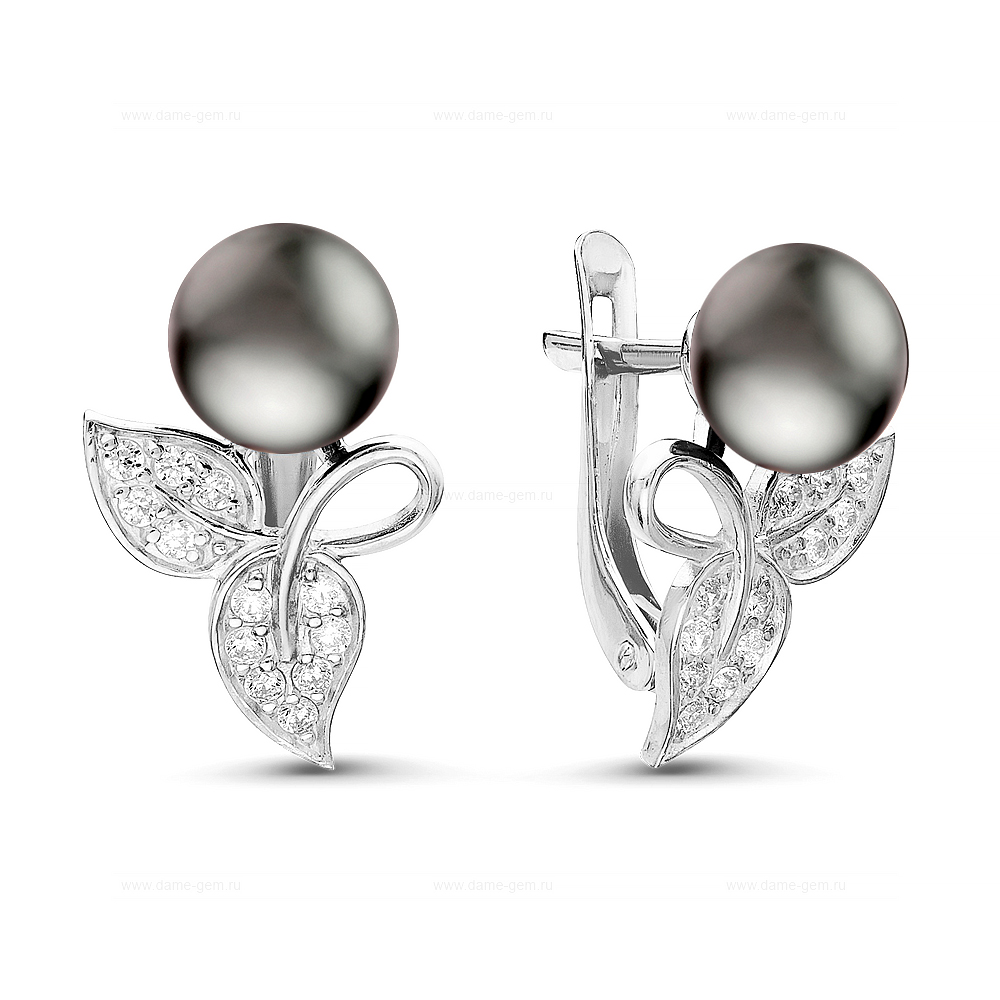 Серьги из серебра 925 пробы с черными жемчужинами 7-7,5 мм. Артикул 10796