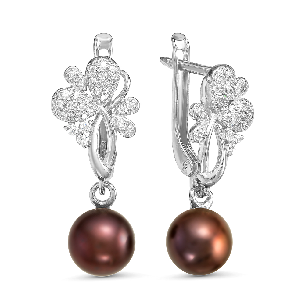 Серьги из серебра 925 пробы с черными жемчужинами 7,5-8 мм. Артикул 11080