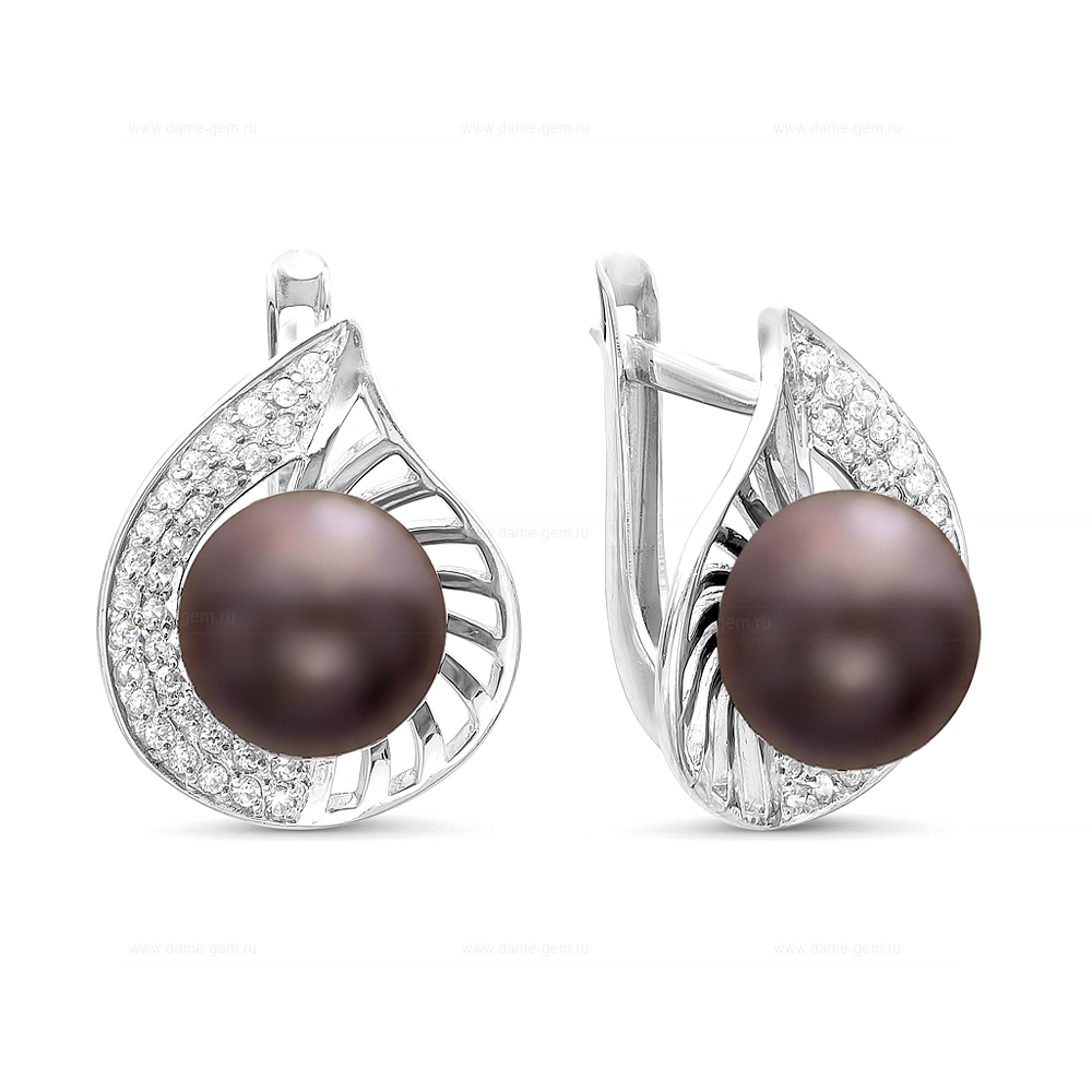 Серьги из серебра 925 пробы с черными жемчужинами 8,5-9 мм. Артикул 11336