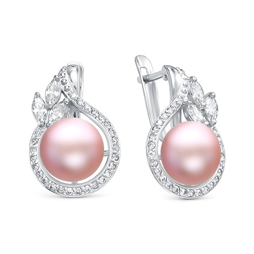 Серьги из серебра 925 пробы с розовыми жемчужинами 8,5-9 мм. Артикул 10229