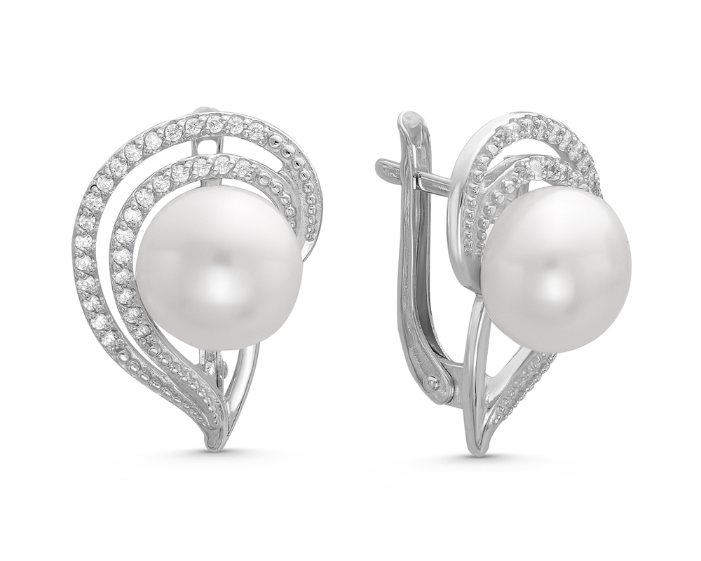 Серьги из серебра 925 пробы с белыми жемчужинами 9,5-10 мм. Артикул 11269