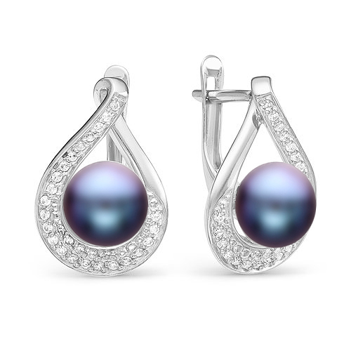 Серьги из серебра 925 пробы с черными жемчужинами 8,5-9 мм. Артикул 10216