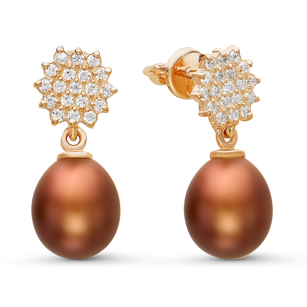 Серьги из серебра 925 пробы с шоколадными жемчужинами 8,5-9 мм. Артикул 10775