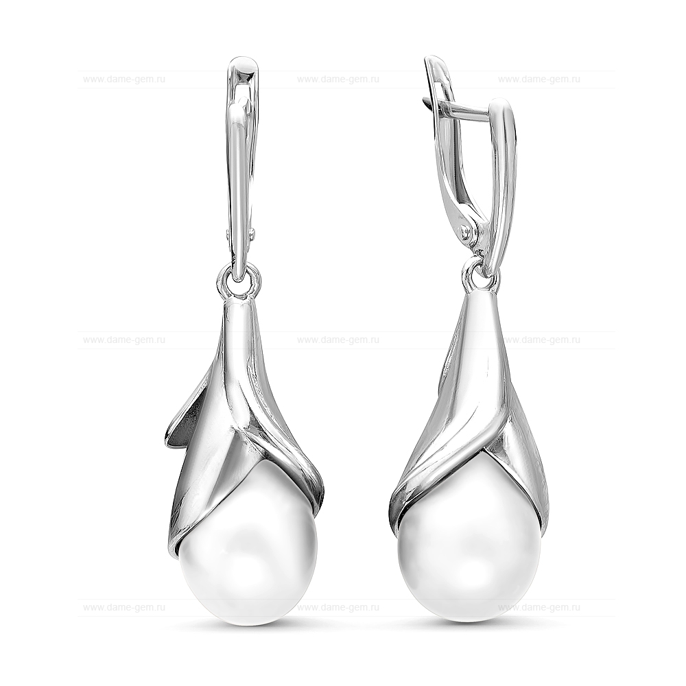 Серьги из серебра 925 пробы с белыми жемчужинами 9-10 мм. Артикул 10071