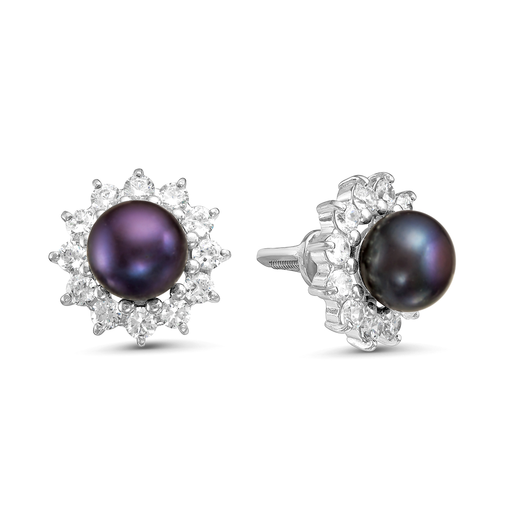 Серьги из серебра 925 пробы с черными жемчужинами 7,5-8 мм. Артикул 11936