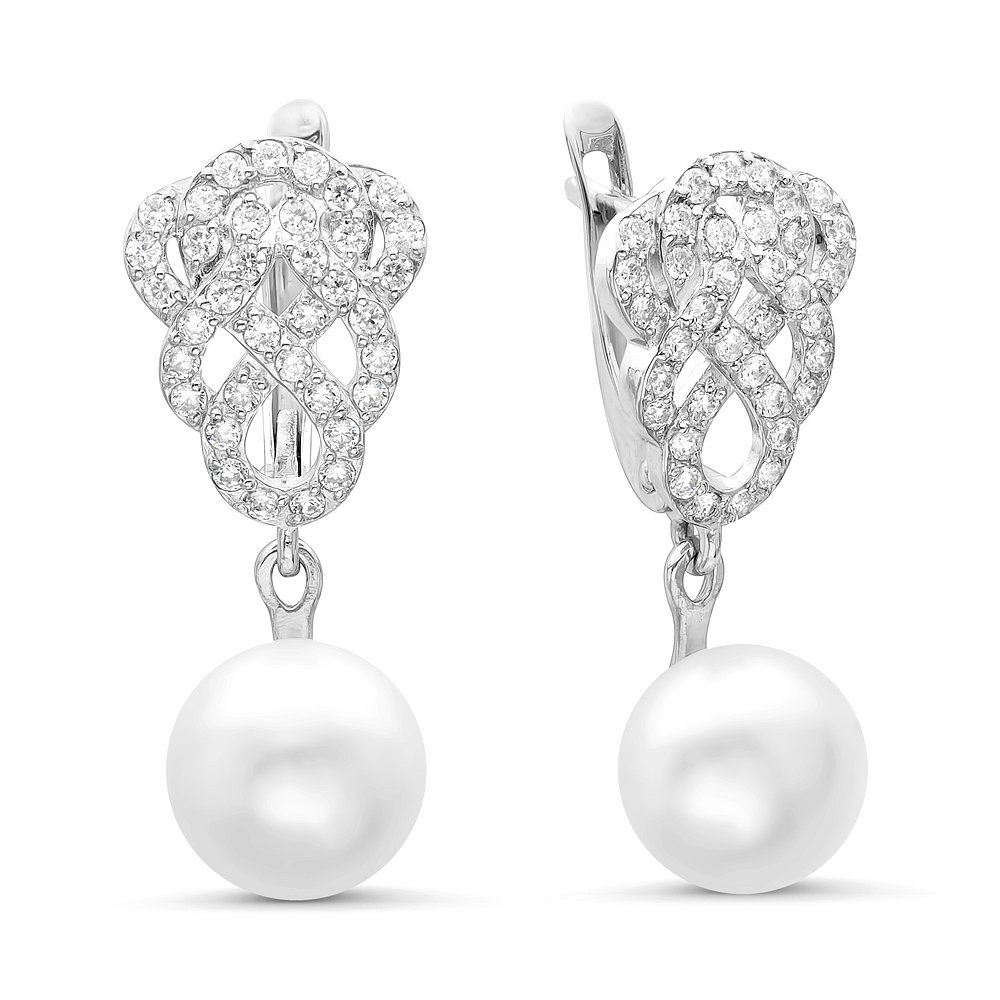 Серьги из серебра 925 пробы с белыми жемчужинами 9,5-10 мм. Артикул 10424