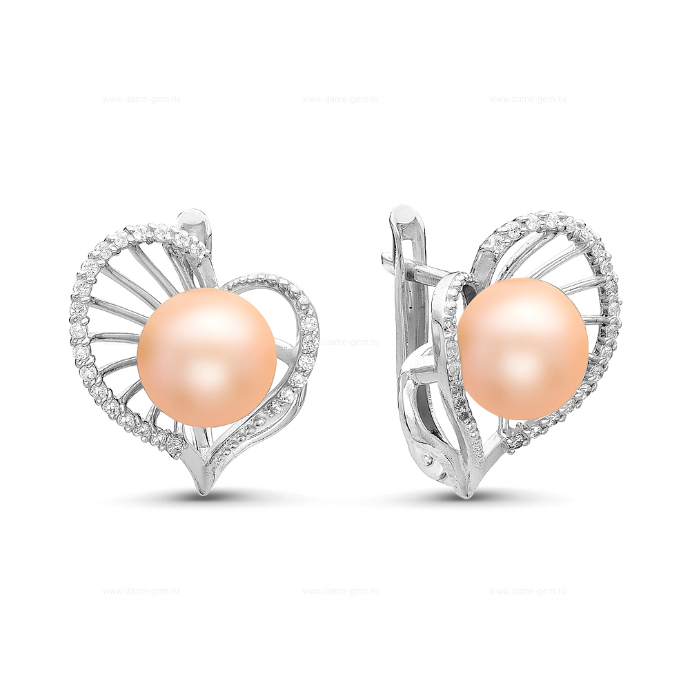 Серьги из серебра 925 пробы с розовыми жемчужинами 7,5-8 мм. Артикул 10769