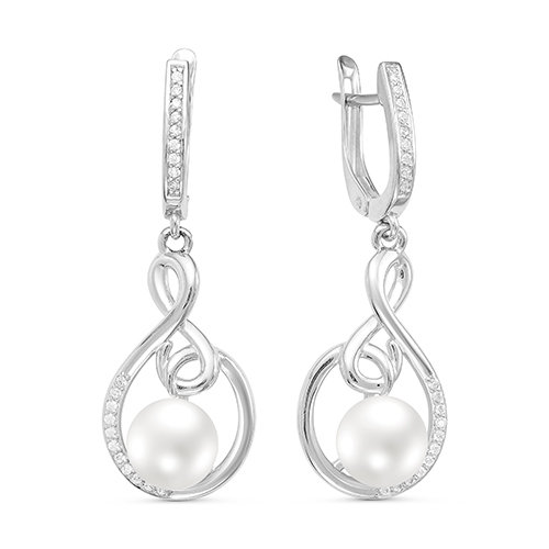 Серьги из серебра 925 пробы с белыми жемчужинами 8-8,5 мм. Артикул 10773