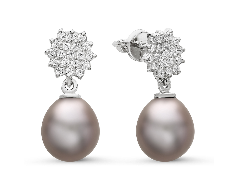 Серьги из серебра 925 пробы с серыми жемчужинами 8,5-9 мм. Артикул 10823