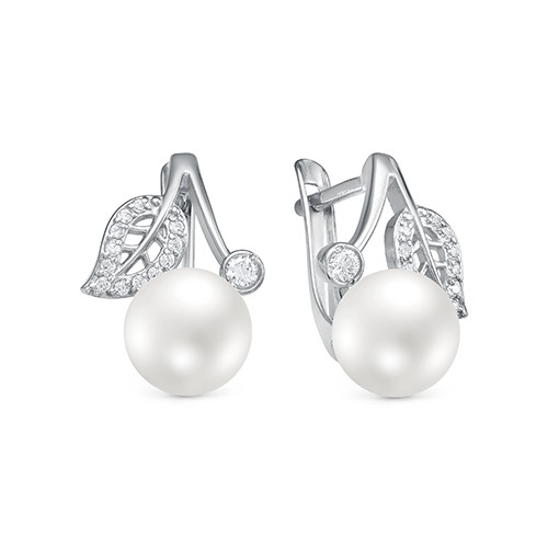 Серьги из серебра 925 пробы с белыми жемчужинами 7,5-8 мм. Артикул 11578