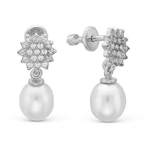 Серьги из серебра 925 пробы с белыми жемчужинами 9-9,5 мм. Артикул 10818