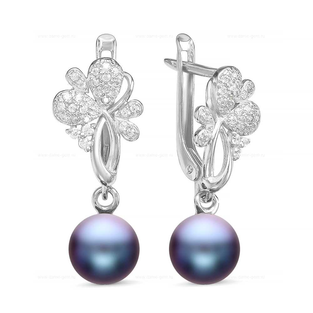 Серьги из серебра 925 пробы с черными жемчужинами 7,5-8 мм. Артикул 11080
