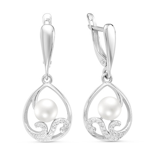 Серьги из серебра 925 пробы с белыми жемчужинами 7 мм. Артикул 10204