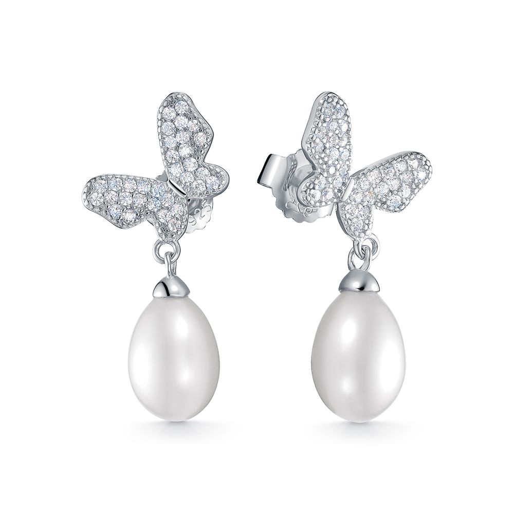 Серьги из серебра 925 пробы с белыми жемчужинами 7,5-8 мм. Артикул 10396