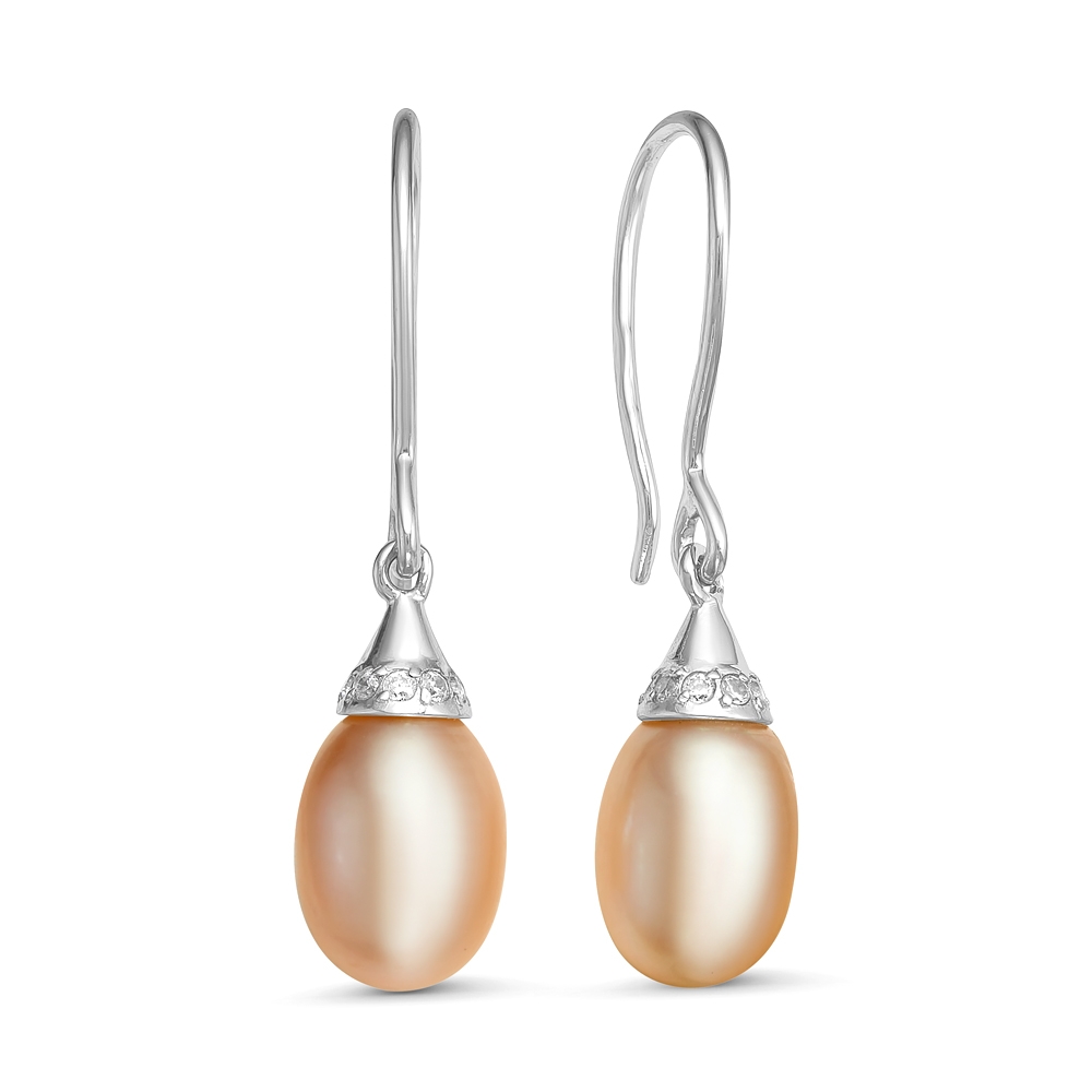 Серьги из серебра 925 пробы с розовыми жемчужинами 7,5-8 мм. Артикул 11891