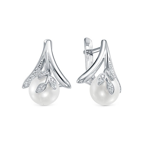 Серьги из серебра 925 пробы с белыми жемчужинами 9,5-10 мм. Артикул 12616