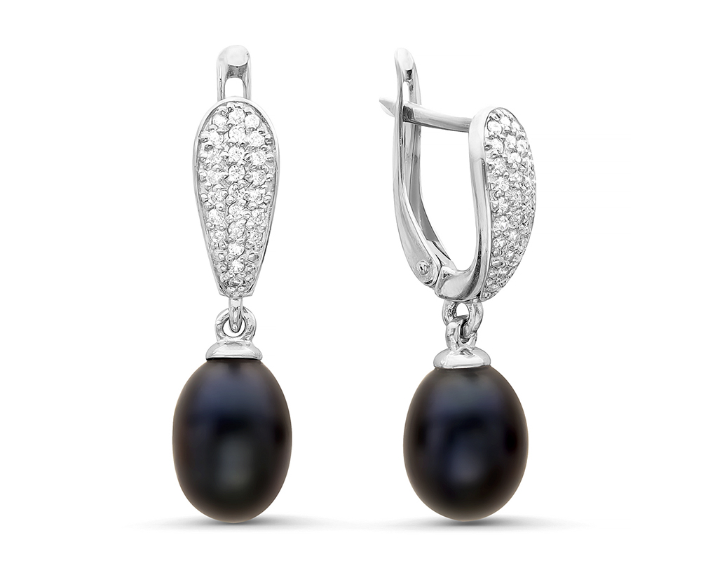 Серьги из серебра 925 пробы с черными жемчужинами "капля" 7,5-8 мм. Артикул 10806