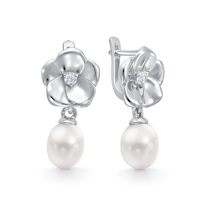 Серьги из серебра 925 пробы с белыми жемчужинами 7,5-8 мм. Артикул 10798