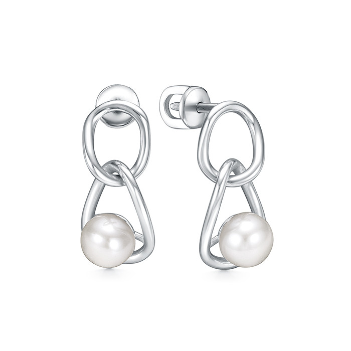 Серьги из серебра 925 пробы с белыми жемчужинами 7,5-8 мм. Артикул 9366