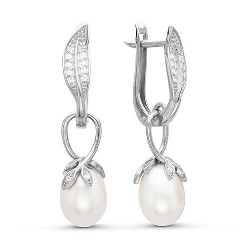 Серьги из серебра 925 пробы с белыми жемчужинами 7,5-8 мм. Артикул 12408