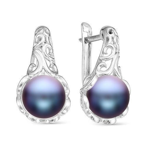 Серьги из серебра 925 пробы с черными жемчужинами 8,5-9 мм. Артикул 7859