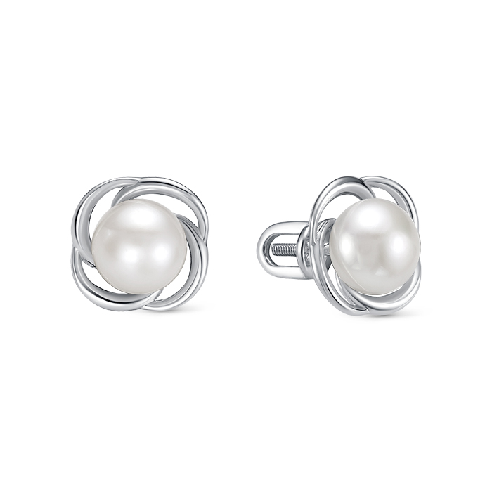 Серьги из серебра 925 пробы с белыми жемчужинами 8,5-9 мм. Артикул 11305