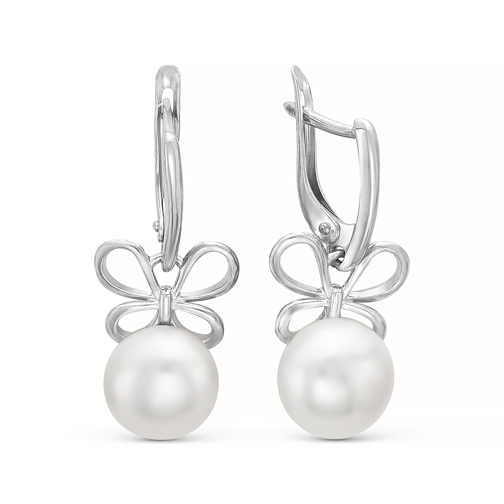 Серьги из серебра 925 пробы с белыми жемчужинами 8,5-9 мм. Артикул 10430