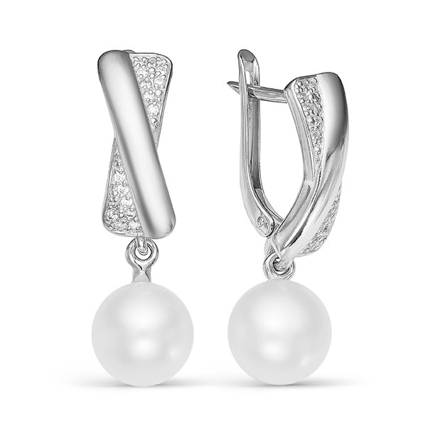 Серьги из серебра 925 пробы с белыми жемчужинами 8,5-9 мм. Артикул 12115