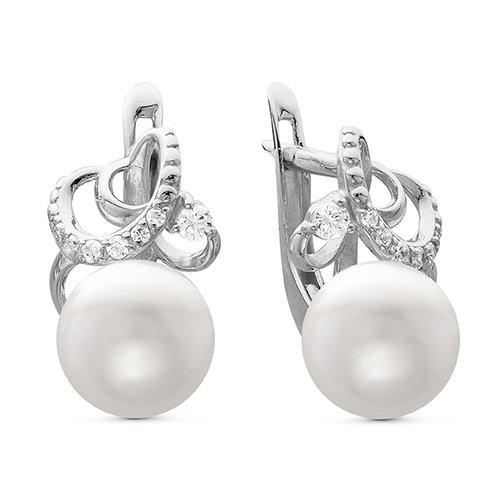 Серьги из серебра 925 пробы с белыми жемчужинами 7,5-8 мм. Артикул 10652